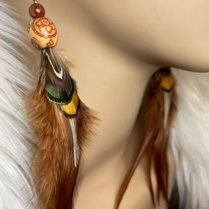 Jasper And Brown Feather Detail Earrings With Natural Red River Jasper Gemstone